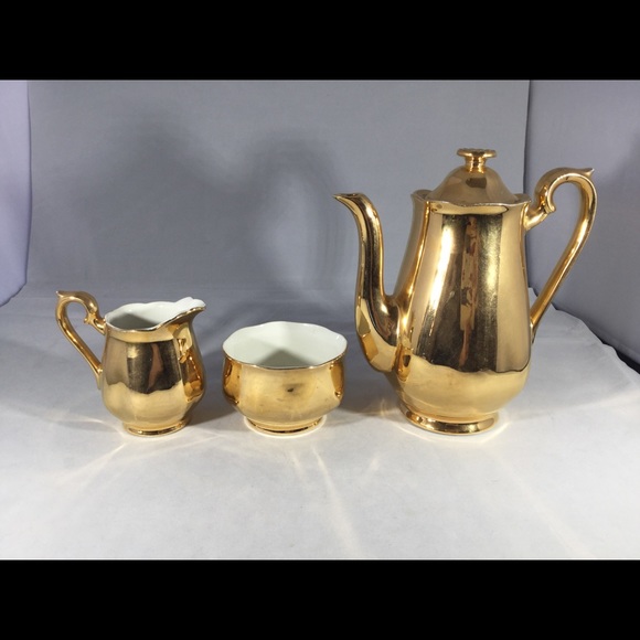 VTG Hall Gold Coffee Pot Creamer & Sugar Bowl #3322 3323 & 3324